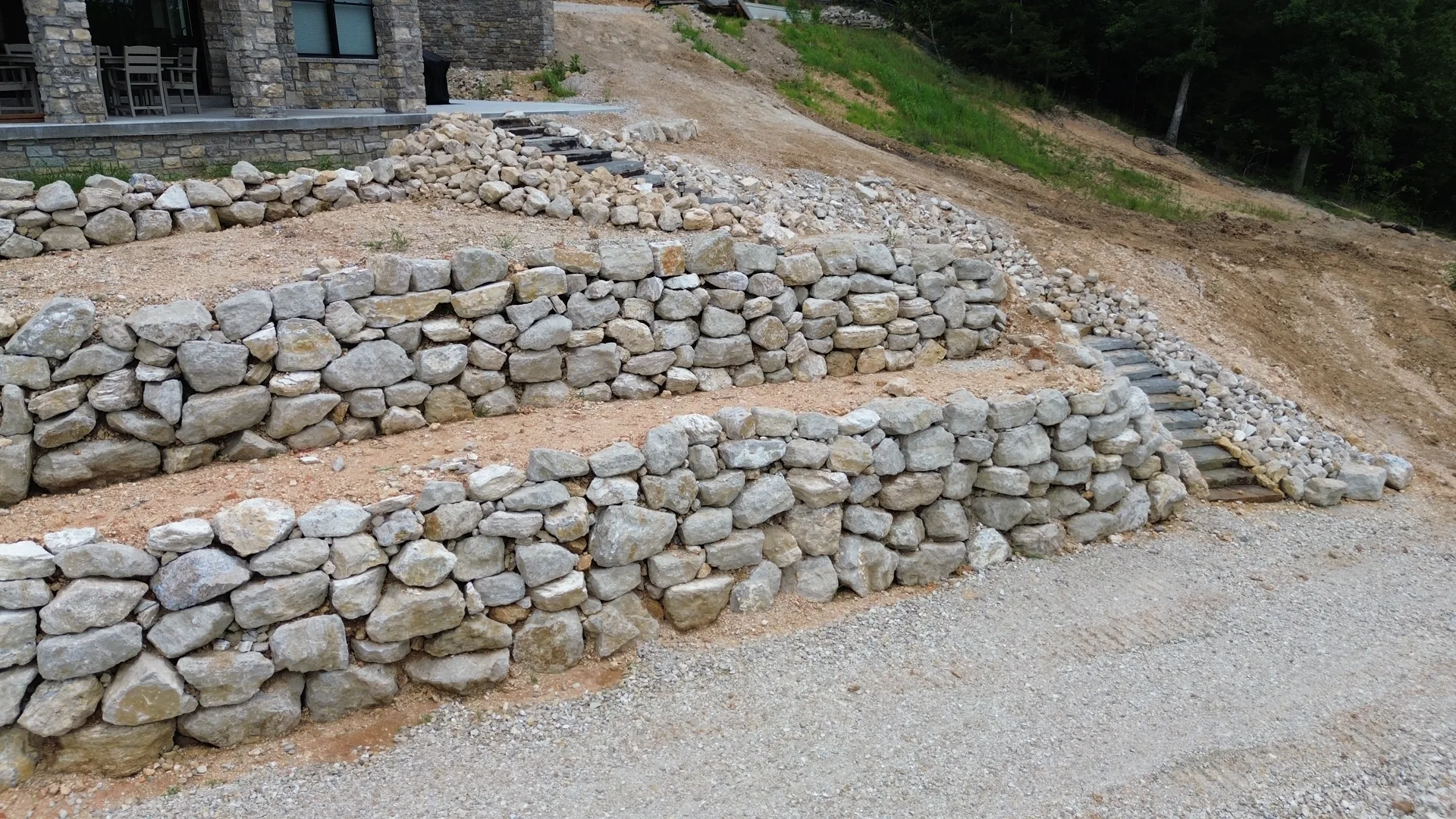 Shoreline where a failing seawall is being reinforced with rip rap